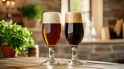 Naklejka premium Craft beers in elegant glasses on a wooden table