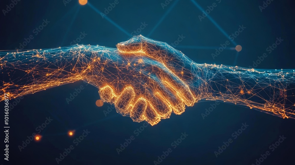 Poster digital network connection. two hands shaking from web lines and particles. technology concept.