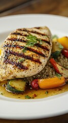 Grilled chicken breast served with colorful roasted vegetables