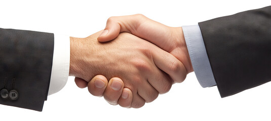 Business handshake between two men in suits, isolated on transparent cutout background