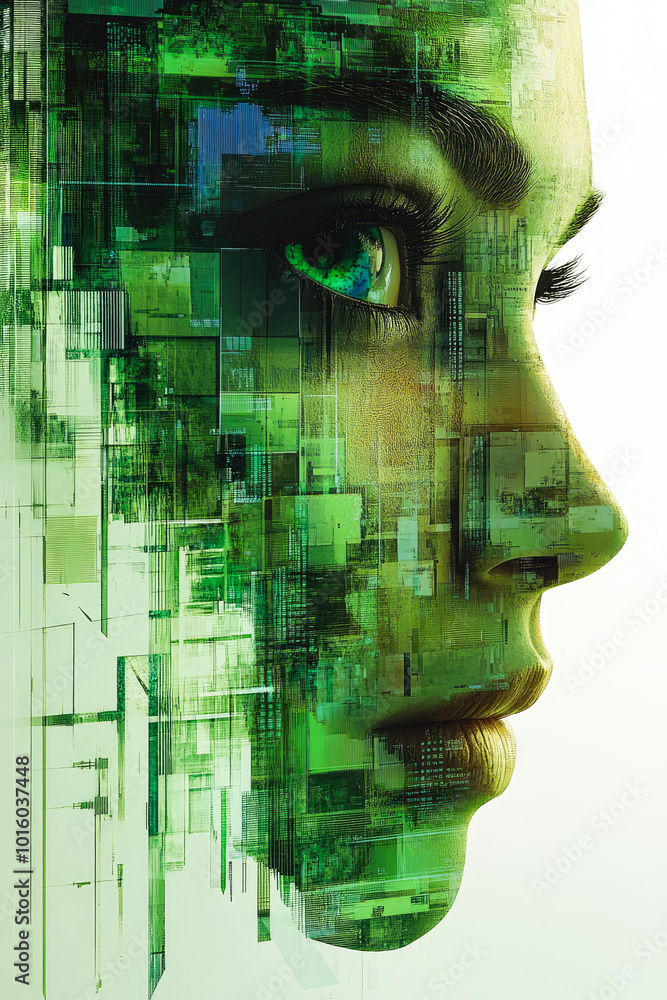 Aufkleber a green digital grid aura envelops a profile view, merging technology with human expression in a mod