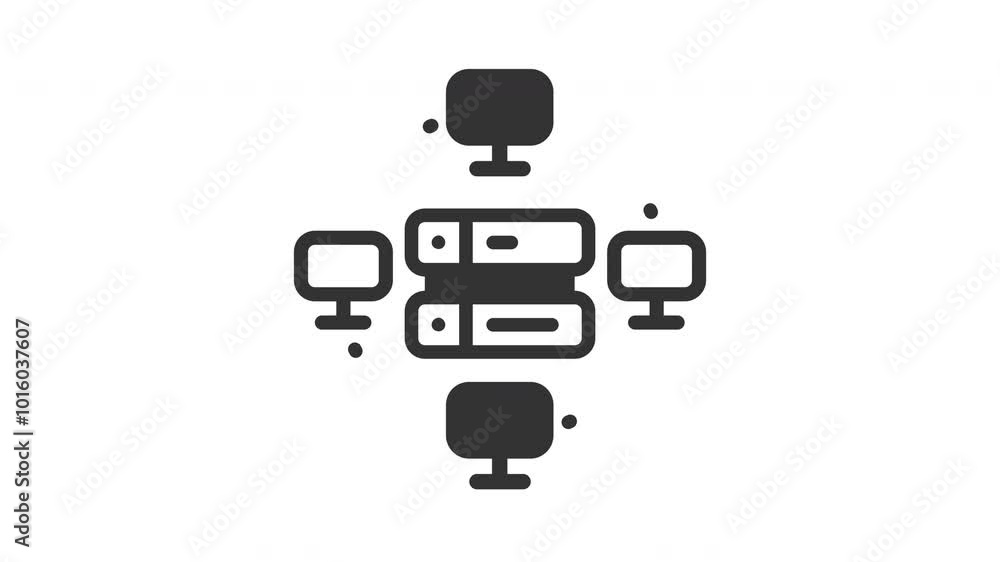 Poster animated data center with server and computer connected. ideal for remote work, technology, connecti