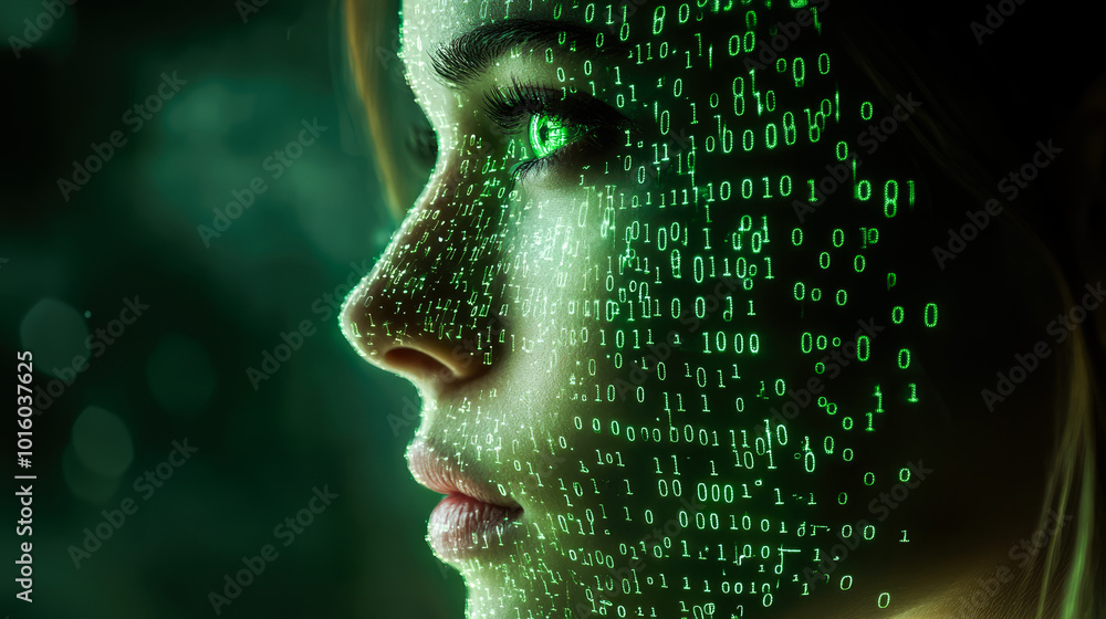 Poster a profile view is enveloped in green binary code, reflecting the deep synergy between technology and