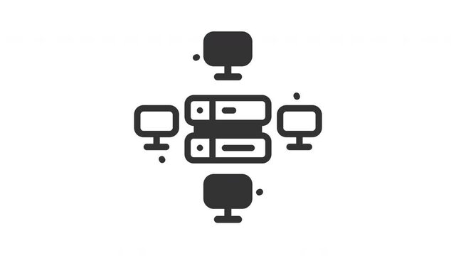 Animated data center with server and computer connected. Ideal for remote work, technology, connectivity concepts in business presentations, educational materials marketing collaterals and database