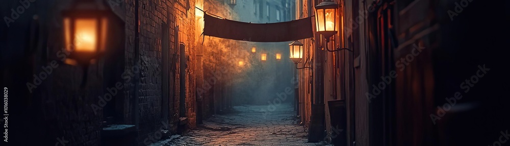 Poster a serene nighttime alley illuminated by warm lanterns, creating an inviting and mysterious atmospher