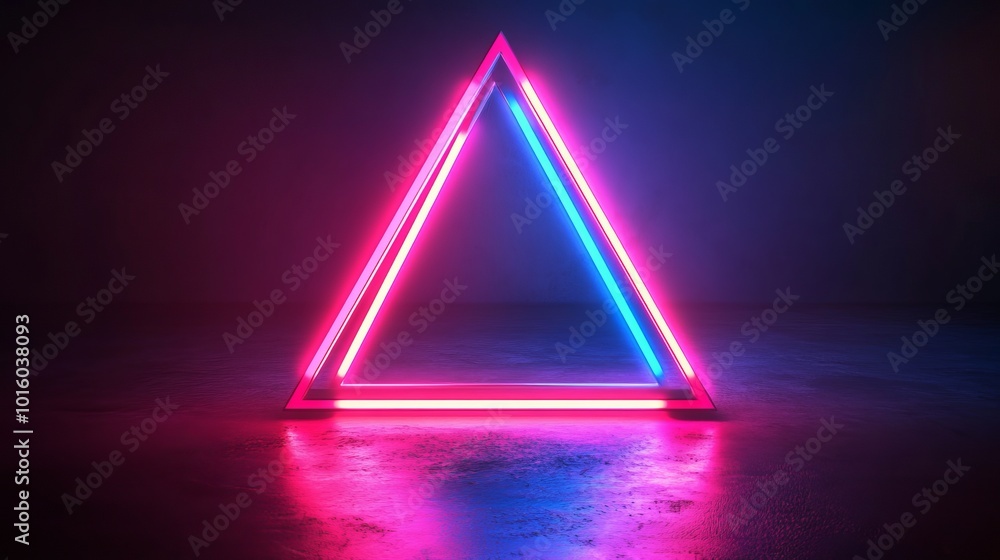 Poster cool geometric triangular figure in vibrant neon laser light creating a futuristic abstract backgrou