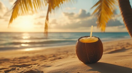 Obraz premium Tropical Coconut Drink by the Beach at Sunset