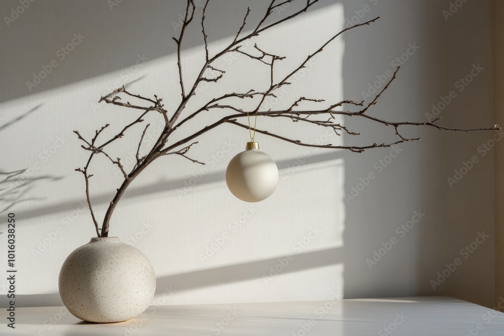 Aufkleber a minimalist aesthetic featuring a bare branch adorned with a single ornament, bathed in soft, natur