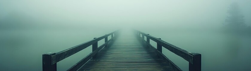 Obraz premium A serene wooden bridge extends into a misty landscape, creating a tranquil atmosphere perfect for reflection and inspiration.