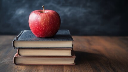 A red apple sits on top of three closed books, with a chalkboard in the background.
