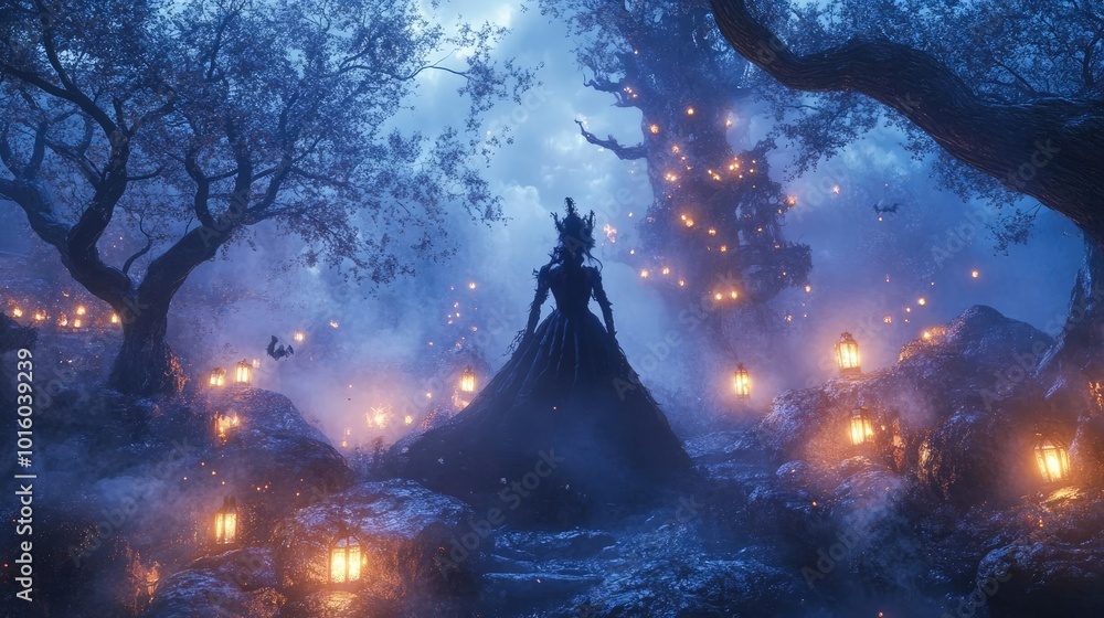 Poster a mysterious figure stands in a foggy forest, illuminated by glowing lanterns and surrounded by ench