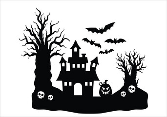 Halloween haunted house scene silhouette. Spooky, scary, ghosted house scenes with tree and bats. Vector illustration design template for stencil, wall decor, door decoration, sticker.