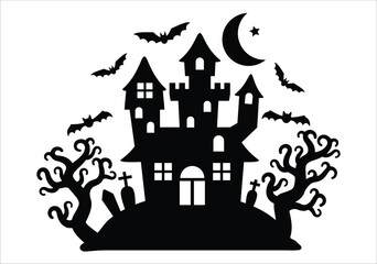 Halloween haunted house scene silhouette. Spooky, scary, ghosted house scenes with tree and bats. Vector illustration design template for stencil, wall decor, door decoration, sticker.