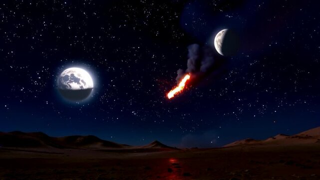 Collision d'ast&eacute;ro&iuml;des sous un ciel &eacute;toil&eacute; avec deux lunes n arri&egrave;re-plan
