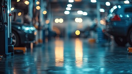 Blurry photo of cars and lights in a garage. This photo can be used as a background for automotive or industrial design projects.