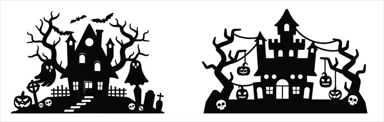 Halloween haunted house scene silhouette. Spooky, scary, ghosted house scenes with tree and bats. Vector illustration design template for stencil, wall decor, door decoration, sticker.