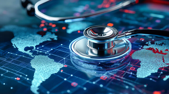 A close-up view of a stethoscope on a digital world map with data visualizations highlighting advancements in global healthcare technology - Powered by Adobe