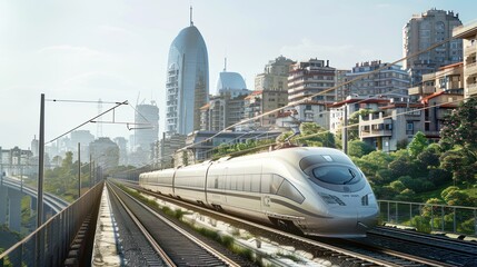 Naklejka premium High-Speed Train Traveling Through a Modern City