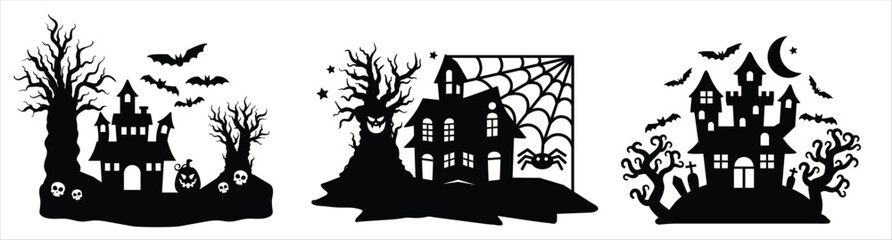 Halloween haunted house scene silhouette. Spooky, scary, ghosted house scenes with tree and bats. Vector illustration design template for stencil, wall decor, door decoration, sticker.