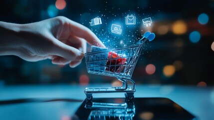 A hand places a red item into a shopping cart, surrounded by glowing icons representing online shopping, in a digital and illuminated setting.