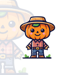 A cartoon pumpkin wearing a hat and a plaid shirt