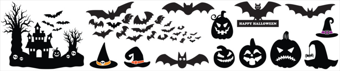 Halloween haunted house scene silhouette. Spooky, scary, ghosted house with tree, witch hat, pumpkin and bats. Vector illustration design template for stencil, wall decor, door decoration, sticker.