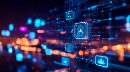 Blockchain and smart city synergy, floating digital holograms, futuristic urban planning