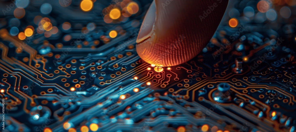 Aufkleber close-up of finger touching micro-patterned circuit board with glowing data