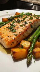 Grilled salmon fillet with asparagus and roasted vegetables