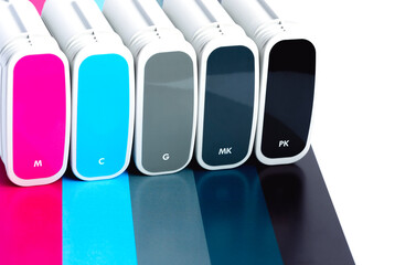 Cartridges HP for wide format plotter on white background. Bright creative concept minimal