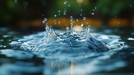 A single water drop creates a splash and ripples in a calm pool of water.