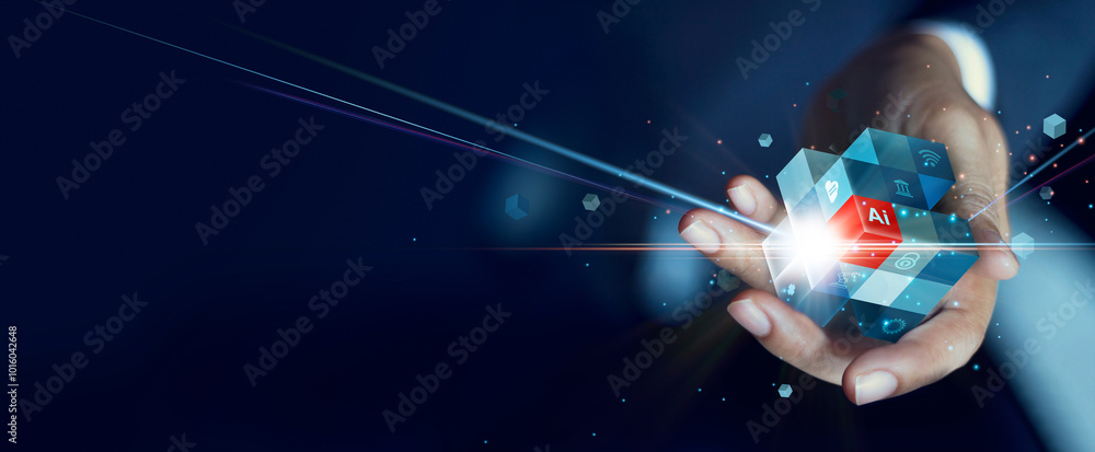 Poster Abstract AI cube in hand, Future of business and corporate global is powered by AI smart, Digital transformation, analysis, network connection and data exchange, Business and technology.