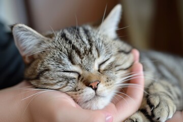 Hand cradling a napping tabby cat with serene expression