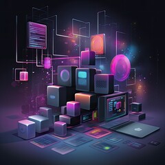 Futuristic digital landscape with vibrant tech elements
