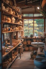 Fototapeta premium Artisan pottery studio with natural light and organized clay works