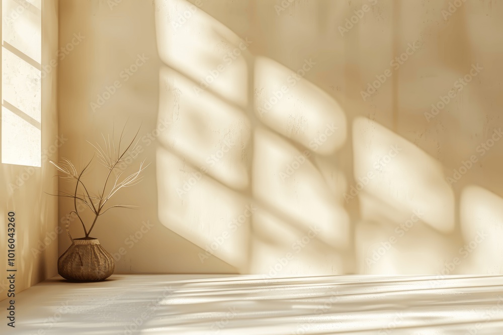 Poster minimalistic abstract beige background with soft light and intricate shadows from window and vegetat