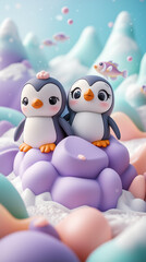 Obraz premium Cute Penguin Couple on a Purple Cloud.