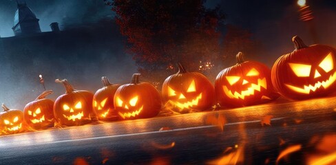 A thrilling Halloween scene featuring a hero racing past glowing pumpkins under a stormy night sky filled with lightning.