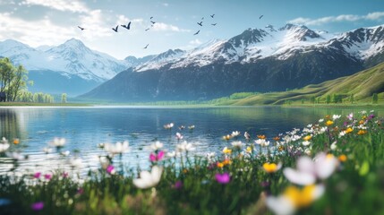 Beautiful lake scene with flowers and mountains in the background, creating a peaceful nature landscape.