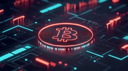 Obraz premium Blockchain financial network, holographic currency exchange, futuristic finance hub, neon accents