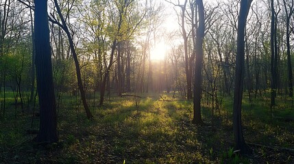 Fototapeta premium A bright sun shines through the trees of a lush, green forest. The sunlight creates a warm glow on the forest floor, illuminating the green leaves and branches.