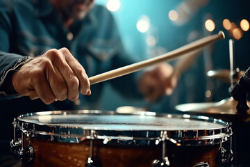 Naklejka premium Close-up of a musician's hands playing a drum set with drumsticks in a dimly lit environment. The focus is on the drum and sticks with a blurry background.