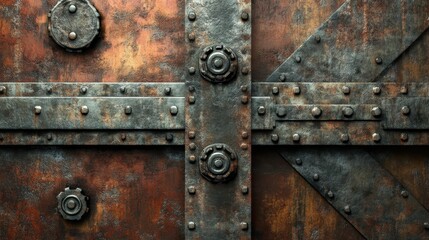 A heavily rusted iron door features large rivets and intricate metallic textures