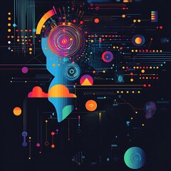 Human silhouette infused with dynamic data and advanced technology features