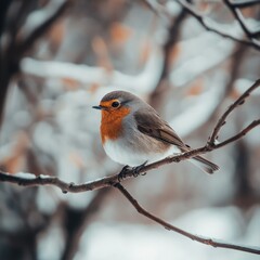 Fototapeta premium From below closeup wild robin sitting on tree branch in winter on blurred background