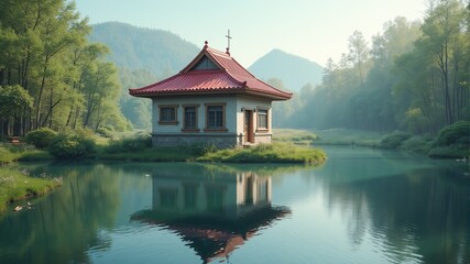 Naklejka premium a small building with a red roof is reflected in the water.