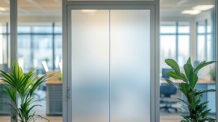 Frosted glass door in an office. Perfect for privacy, the door allows natural light to filter through.