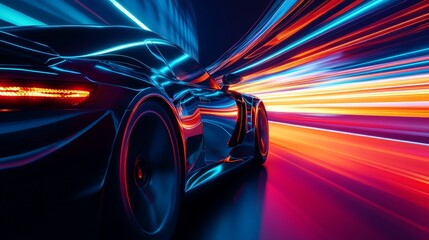 Dynamic cityscape with racing cars, vibrant light streaks illustrating speed, illuminated roads, energetic urban environment, showcasing the thrill of motion at night.