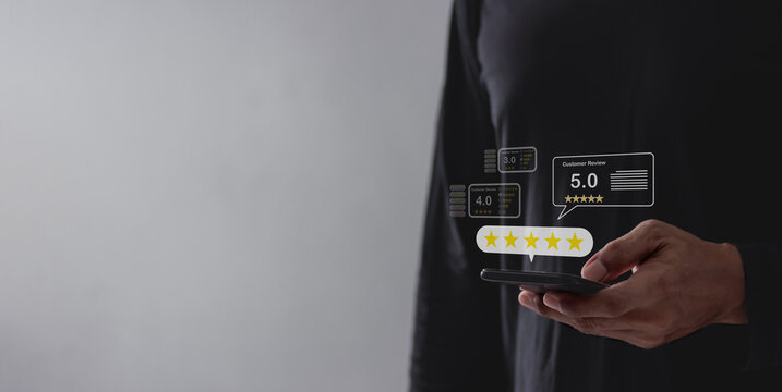 Customer Review, Young Man hand using smartphone mobile touch five star to review and give 5 stars with very good results in service, Good review 5 star rating choice feedback