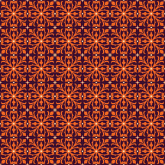 Fototapeta premium Majolica pottery tile, orange and brown azulejo, original traditional decor. Seamless Damask pattern